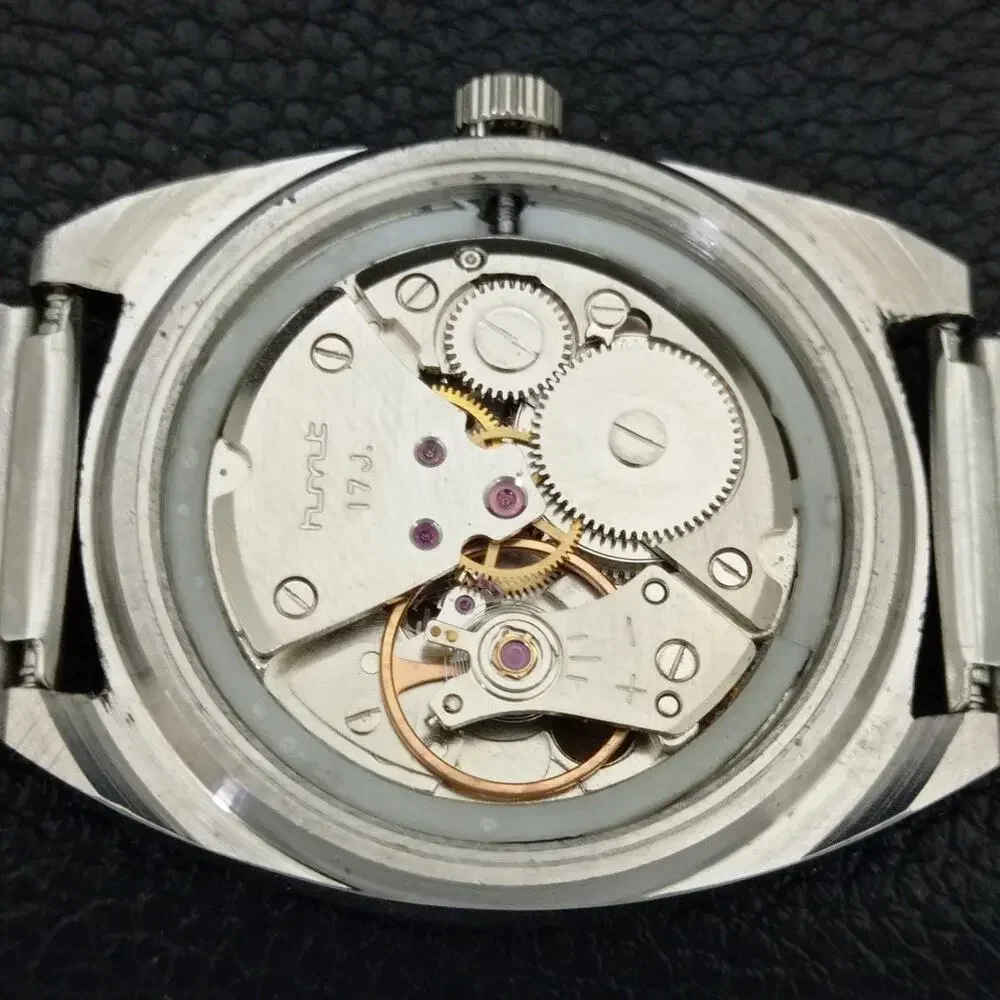 Vintage 1980 HMT Manual Wound Mens Silver Watch & Blue accents
